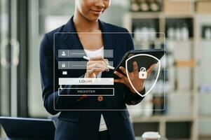 Cyber security concept, Login, User, identification information security and encryption, secure access to user's personal information woman using smart phone and tablet photo