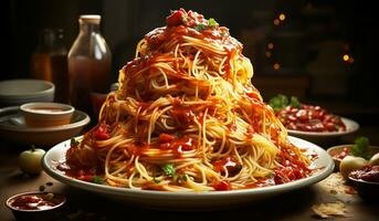 Spaghetti with tomato sauce and basil. AI generated photo