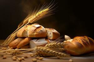 Illustration still life with various types of fresh bread and ears of wheat. AI generated photo