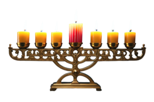 Ai generative Menorah candle holder with burning candles, Hanukkah symbol background, banner with copy space text png