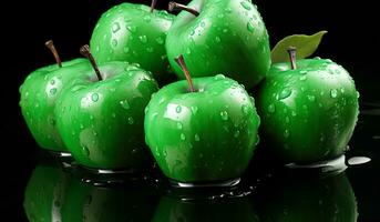 Green apple with water drops. AI generated photo