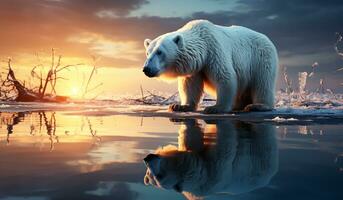 Polar bear in thaw zone due to climate change. AI generated photo