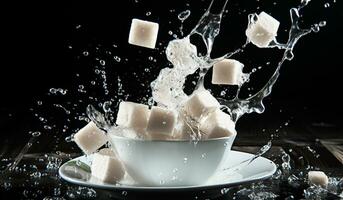 Sugar cubes falling into a porcelain cup. AI generated photo