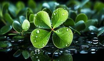 Clovers covered by dew drops. AI generated photo