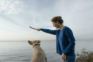 Germany, Hamburg, happy woman playing with dog on beach at the Elbe shore photo