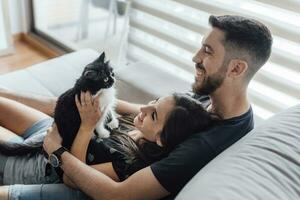 Happy couple spending leisure time with cat while sitting at home photo