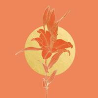 Lily flower drawing with gold outline and gold foil circle moon on coral red background vector