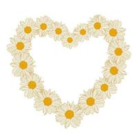 Floral wreath from daisies in the shape of heart on white background. Vector illustration element with copy space, may use for greeting cards, invitations, wedding, birthday, easter, package design