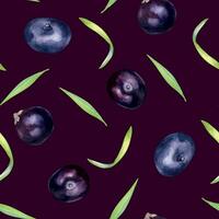 Acai berries and palm leaves watercolor seamless pattern isolated on dark. Exotic amazon small purple berries, tropical fruit hand drawn. Design for packaging, wrapping, textile, background, paper vector