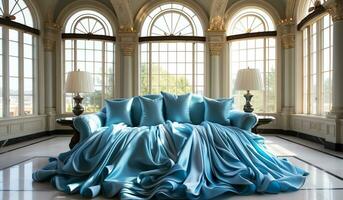 Luxurious living room detail with sofa covered with blue silk blanket and pillows. AI generated photo