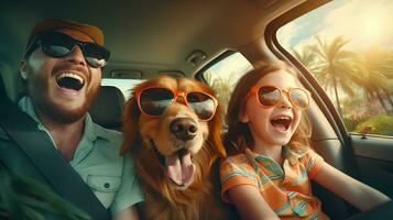 familia de padre y hija con perro conducción lejos en vacaciones.creado por generativo ai foto