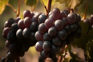 Closeup of bunch of purple grapes in a vineyard. ai generated photo