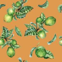 Branch of tree and single guava fruit watercolor seamless pattern isolated on orange background. Green leaves, flowers of guajava hand drawn. Design for wrapping, packaging, fabric, paper, textile vector