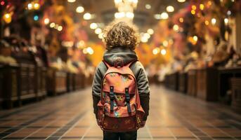 niño con mochila, espalda a colegio concepto. ai generado foto