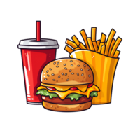 dessin animé style cheeseburger combo repas avec français frites et un soda boisson non Contexte parfait pour impression sur demande marchandise ai génératif png