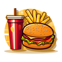 Cartoon Style Cheeseburger Combo Meal with French Fries and Soda Drink No Background Perfect for Print on Demand Merchandise AI Generative png