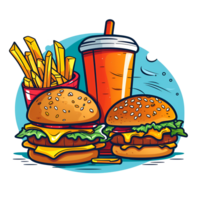 Karikatur Stil Cheeseburger Combo Mahlzeit mit Französisch Fritten und Limonade trinken Nein Hintergrund perfekt zum drucken auf Nachfrage Fan-Shop ai generativ png