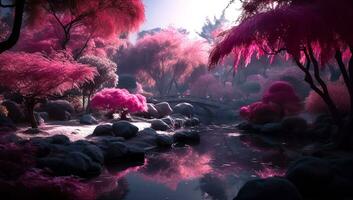 Japanese garden illustration in pink tones - Generative AI photo