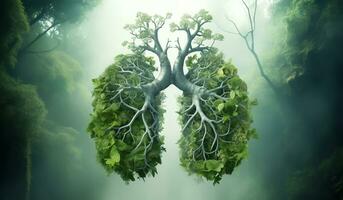 Lungs formed by leaves and tree branches, in the concept of environment and ecology. Lung of the Earth. AI generated photo