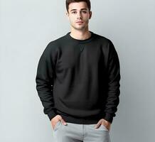 Young man wearing blank black sweater mockup print presentation mockup ai generate photo