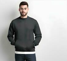 Young man wearing blank black sweater mockup print presentation mockup ai generate photo