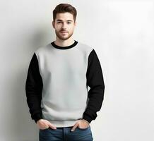 Young man wearing blank black sweater mockup print presentation mockup ai generate photo