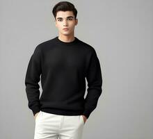 joven hombre vistiendo blanco negro suéter Bosquejo impresión presentación Bosquejo ai generar foto