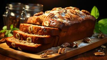 Delicious banana bread roll homemade baked goods on the table in the kitchen photo