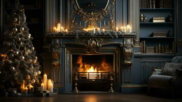 Interior of a festive room with a fireplace, toys and decorations with a gift for the New Year and Christmas photo