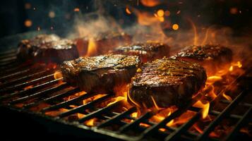 Delicious meat fried steaks on the grill cooked on fire photo