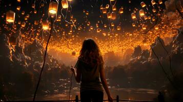 Beautiful woman and glowing flying lanterns view from the back photo