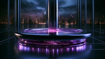 Abstract neon purple futuristic cylindrical round hi-tech platform stand photo