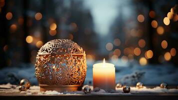 Beautiful candles and Christmas tree toys and decorations for New Year and Christmas photo