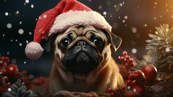 Pug dog in festive Santa Claus hat for New Year and Christmas photo