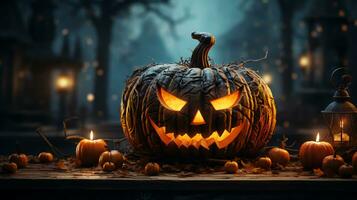 Scary festive pumpkin with a Halloween face photo