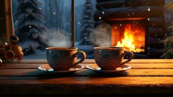 Christmas, two cups of tea on the table, the fireplace is lit. Generative AI photo