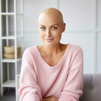 sonriente mujer en rosado suéter luchando pecho cáncer. generativo ai foto