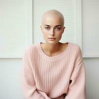 sonriente mujer en rosado suéter luchando pecho cáncer. generativo ai foto