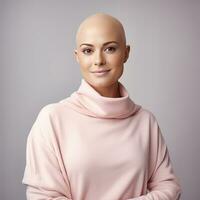 sonriente mujer en rosado suéter luchando pecho cáncer. generativo ai foto