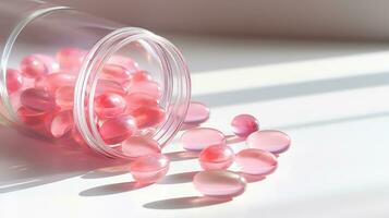 Pink vitamins capsules on a white background. Generative AI photo