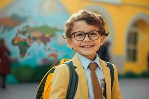 un sonriente niño yendo a colegio en el primero día después el vacaciones. el concepto de el final de el Días festivos y el comienzo de el colegio año. ai generado foto