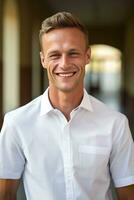 A handsome young man wearing a white shirt standing in the street smiling at the camera. AI Generated photo