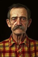 An elderly man with a mustache and a colorful checkered shirt looking straight at the camera, AI Generated photo