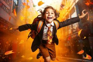 A smiling child going to school on the first day after the holidays. The concept of the end of the holidays and the start of the school year. AI Generated photo