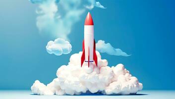 A red rocket flying into space among smoke and on a blue background.AI Generated photo