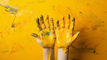 Children's hands coloring art. Many mixed colors. on Yellow Background.Create AI Generated. photo