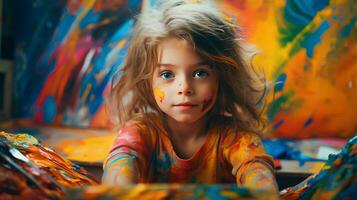 alegre niña vistiendo vistoso cara pintar a un alegre festival.crear ai generado. foto