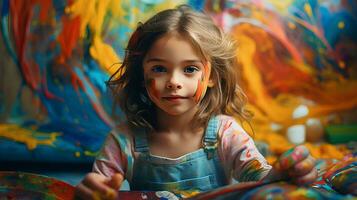 alegre niña vistiendo vistoso cara pintar a un alegre festival.crear ai generado. foto