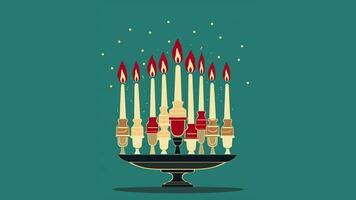 Hanukkah menorah candelabrum with nine lit candles. Video flat cartoon animation design element.  Generative AI