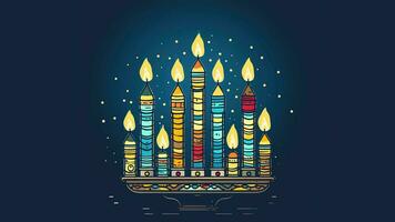 Hanukkah menorah candelabrum with nine lit candles. Video flat cartoon animation design element.  Generative AI